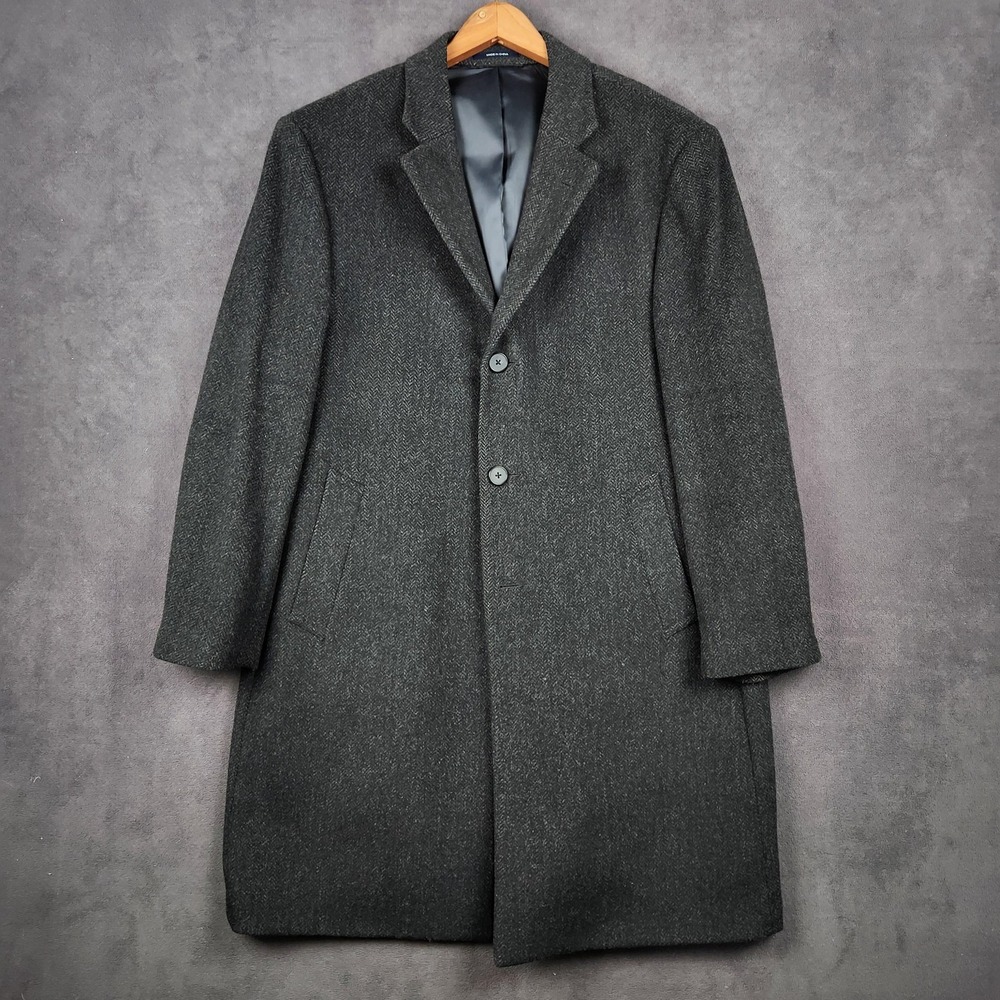 Nautica Wool Blend Coat Mens 46R Gray Herringbone Overcoat Topcoat Long‎